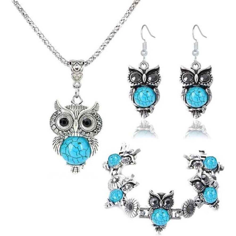 Turquoise Owls Earrings Necklace Bracelet Set for Women Handmade Boho Vintage